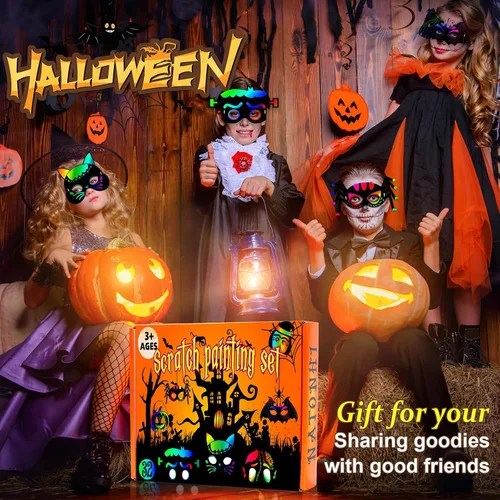 Vista 5 de Natonhi 32 piezas de manualidades de Halloween para niños, máscara para rascar arco iris, juegos de Halloween, arte y manualidades, kit de Halloween