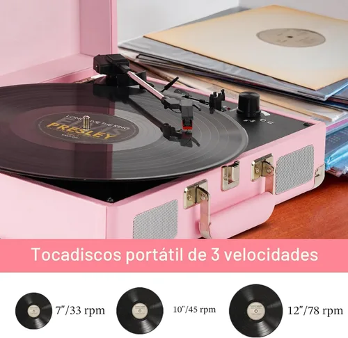 Vista 3 de Reproductor de discos de vinilo rosa de 3 velocidades portátil en maleta con altavoces duales integrados, gramófono Bluetooth con batería
