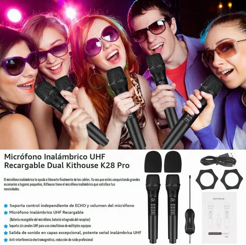 Vista 6 de K28 Micrófono inalámbrico recargable para karaoke con control de volumen y eco y receptor, micrófono dinámico de mano UHF para cantar karaoke habla