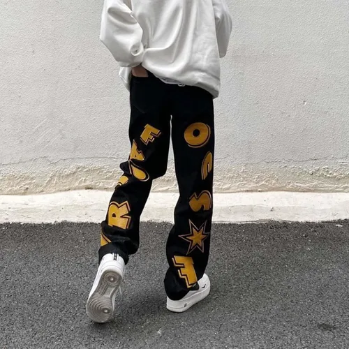 Vista 8 de Harajuku - Jeans para hombre con letras estampadas, rectos, holgados, para otoño e invierno, jeans engrosados, jeans góticos