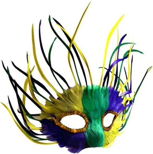 Vista 2 de Wispy Amarillo y Verde Púrpura Máscara de Plumas de Mardi Grass