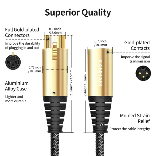 Vista 3 de Cable XLR de 3.3 pies/3.3 ft de micrófono de 3 pines hembra a macho, cable blindado equilibrado, trenzado de fibra con cable de micrófono de cobre
