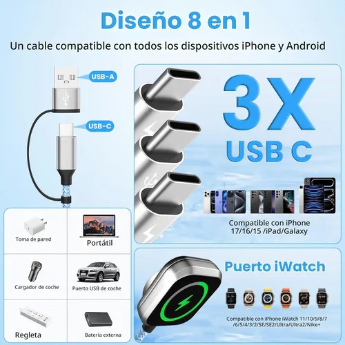 Vista 3 de Travel Essentials - Cable de carga múltiple para iWatch Charger, 4 en 2, 3XUSB C, cable de carga múltiple, USBC Car CarPlay compatible con iWatch