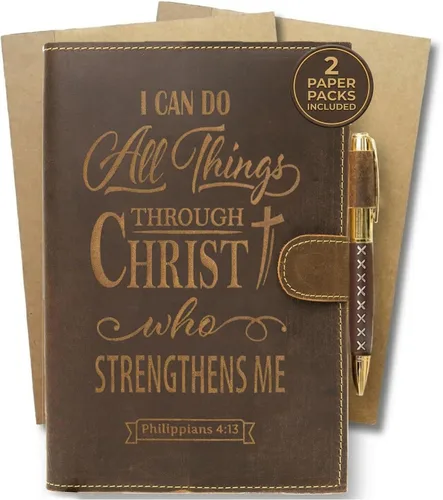 Vista 10 de Sovereign-Gear Diario religioso de cuero recargable, cuaderno de escritura A5 hecho a mano con bolígrafo, diario Joshua 1:9 "Be Strong & Courageous