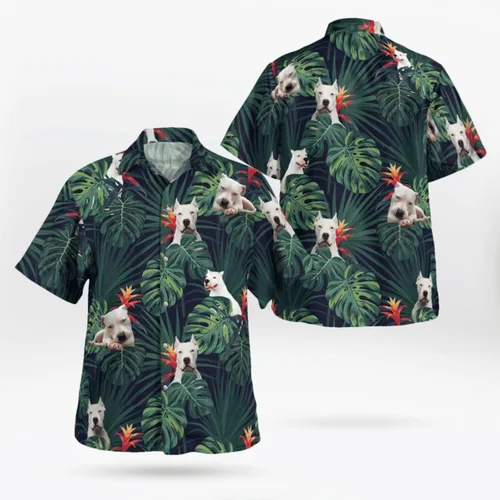 Vista 2 de Camisas hawaianas para hombre, perro argentino y patrón tropical, camisa casual con botones, talla S a 3XL, 4XL, 5XL, camisa para verano