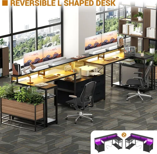 Vista 5 de Aheaplus Escritorio en forma de L con cajón de archivos, escritorio reversible en forma de L para computadora y juegos con toma de corriente