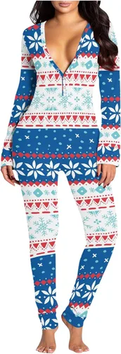 Vista 7 de Pijama de Navidad para mujer con botones para adultos estampado de alicatas largo para dormir overol ajustado