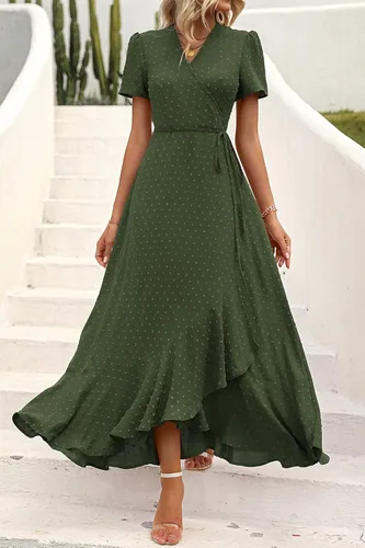 Vista 5 de PRETTYGARDEN - Vestido largo de verano cruzado para mujer, con cuello en V, estilo bohemio, floral, manga corta, dobladillo con volantes