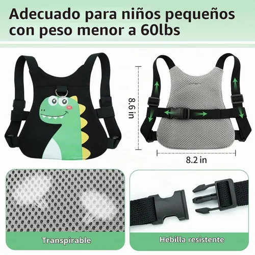 Vista 3 de Correa de arnés para niños pequeños, correa de seguridad 4 en 1 con patrón de dinosaurio, correa ajustable para niños y niñas, evita que se caigan