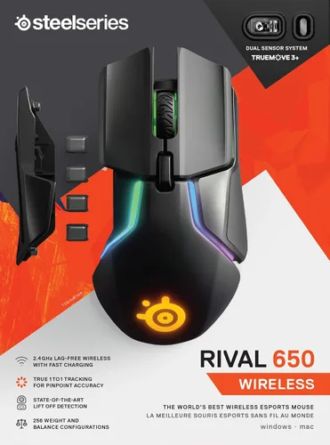 Vista 11 de SteelSeries Rival 650 Mouse Quantum Wireless para videojuegos, batería de carga rápida, 12,000 Cpi Truemove3 + sensor óptico dual, baja distancia