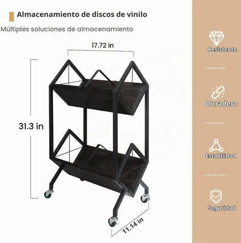 Vista 2 de SwaaVee Estante de almacenamiento de discos de vinilo con ruedas, soporte de discos de vinilo de 2 niveles 160-200 LP con divisores, estilo retro