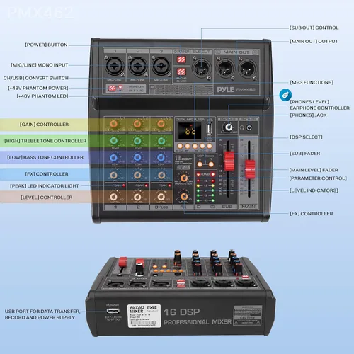 Vista 2 de Pyle Mezclador profesional de audio DJ - Controlador de 3 canales con 16 efectos DSP preestablecidos - Interfaz USB - 3 entradas de micrófono/línea