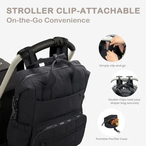 Vista 7 de VONAL Mochila de pañales, bolsas de pañales para bebés ligeras, bolsa de pañales grande para viajes con cambiador, mochila de pañales negra