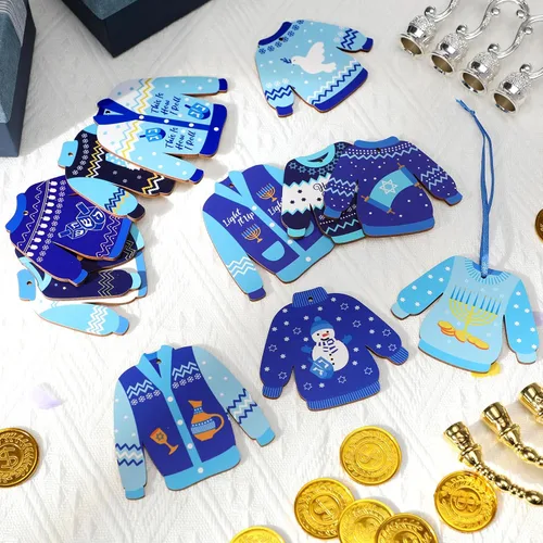 Vista 5 de Adornos de madera de Hanukkah, decoración de suéter feo, menorá judía, dreidel, estrellas de David Chanukah, decoración colgante, colgante de suéter
