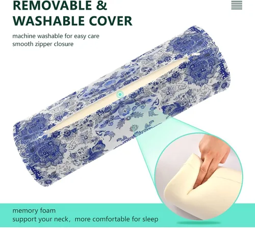 Vista 4 de Almohada redonda con funda de porcelana azul y blanca para el cuello, almohada cervical, soporte de cuello de espuma viscoelástica para dormir