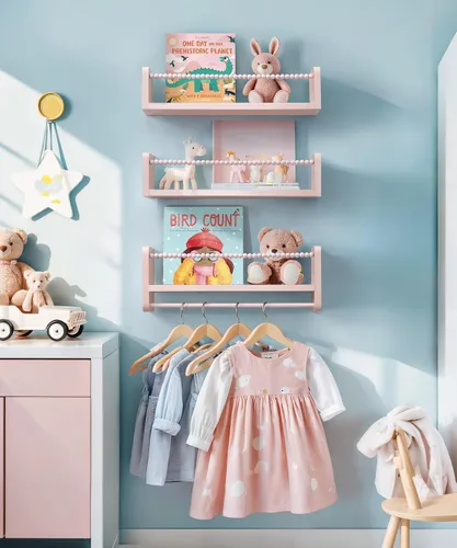 Vista 4 de Maxpeuvon Estantes para libros de guardería, juego de 3 estantes para niños, organizador de pared de madera natural con toallero, decoración Rosa