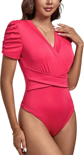 Vista 3 de LYANER Body de manga corta con cuello en V para mujer, fruncido y plisado