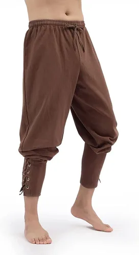 Vista 2 de Pantalones medievales de tobillo cónico con puños cónicos para hombre, disfraz vikingo, navegante, pirata, renacentista, gótico, pantalones casuales