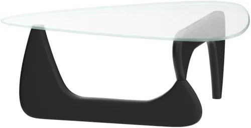 Vista 4 de Mesa auxiliar – Mesa de centro triangular de vidrio con base de madera maciza, diseño minimalista moderno de mediados de siglo, mesa auxiliar