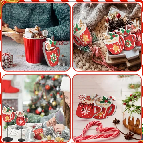 Vista 6 de 3 piezas de decoración de mesa de Navidad para centros de mesa de chocolate caliente, letrero de bandeja escalonada, decoración de madera de barra