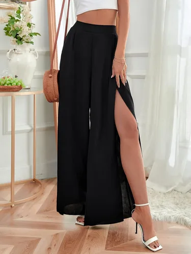 Vista 3 de WDIRARA Pantalones largos para mujer con cintura elástica dividida, pierna ancha, lazo frontal