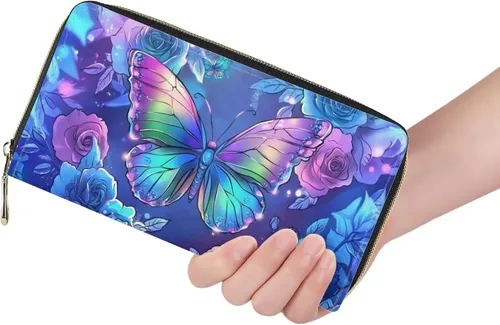 Vista 3 de FOR U DESIGNS Cartera larga con cremallera alrededor de las mujeres de la PU del teléfono del embrague de la tarjeta del, Mariposa estética arco iris