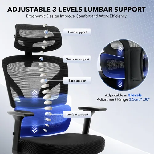 Vista 2 de Silla de oficina ergonómica - Silla de escritorio de malla para el hogar con soporte lumbar ajustable, silla de juegos de computadora con respaldo