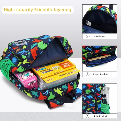 Vista 4 de Mochila de dinosaurio 3D para niños y niñas, mochila impermeable para preescolar con arnés de seguridad (dinosaurio mecánico)