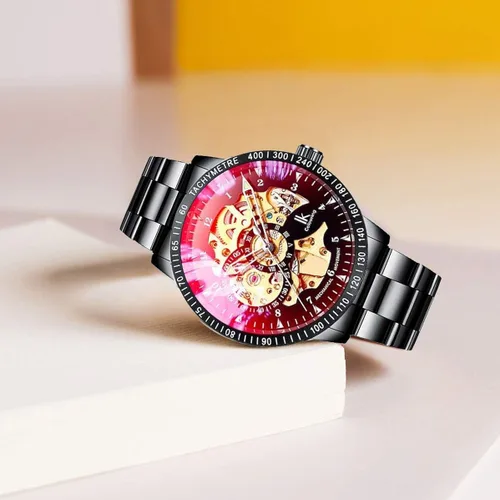 Vista 7 de IK Men's Watch Skeleton Automatic Mechanical Wristwatch, Silver Golden Dial Tachymeter Black Stainless Steel Casual Steampunk Watch