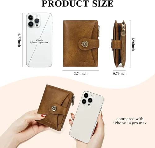 Vista 4 de Billetera para mujer, con bloqueo RFID, de piel de microfibra, compacta, plegable, con ventana de identificación extraíble (marrón)