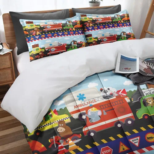 Vista 2 de Juego de edredón vintage con diseño de coche y león para niños, niños pequeños, adolescentes y adultos, tamaño individual, juego de ropa de cama