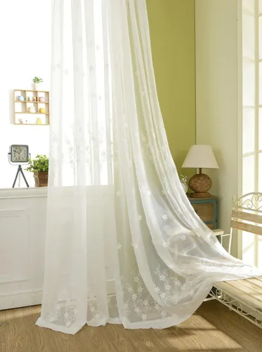 Vista 17 de Cortinas traslúcidas blancas de 63 pulgadas de largo, paneles de gasa bordada con hojas para cocina, sala de estar, dormitorio, ventanas pequeñas