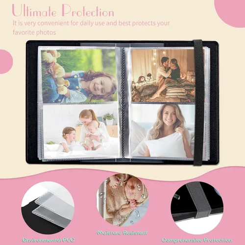 Vista 3 de Álbum de fotos de 3.5 x 5 pulgadas, capacidad para 80 fotos, cubierta de piel sintética, álbum de fotos con banda elástica fuerte, álbum de fotos