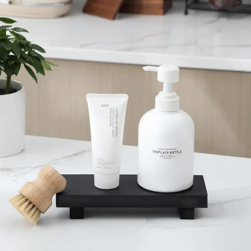 Vista 3 de Organizador de encimera de baño, soporte de pedestal de madera, bandeja decorativa de estilo granja, portajabones para decoración de cocina, Negro