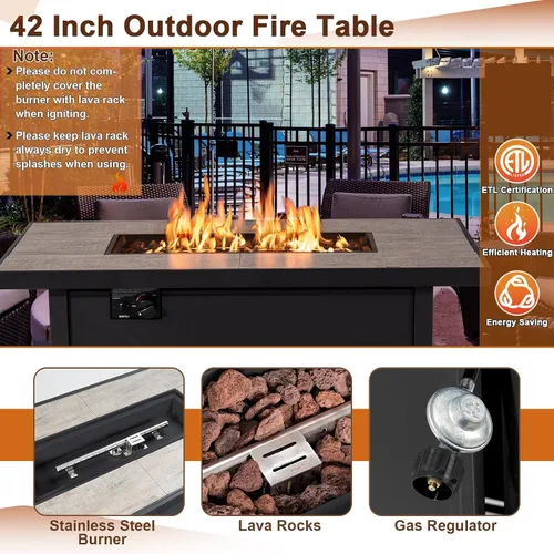 Vista 9 de Tangkula Patiojoy - Mesa rectangular de gas de 42 pulgadas, mesa rectangular de gas para exteriores de 60,000 BTU con mesa de cerámica, rocas