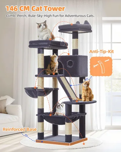 Vista 80 de Taoqimiao Árbol para gatos de 57.5 pulgadas, torre para gatos de interior para adultos, condominio extragrande para gatos, 8 postes rascadores