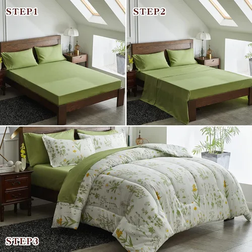 Vista 4 de Joyreap - Juego de ropa de cama tamaño individual completo en una bolsa, 6 piezas, diseño botánico de flores amarillas y hojas verdes, juego