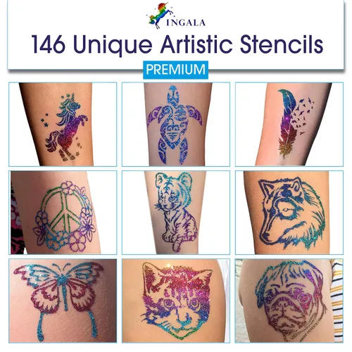Vista 2 de INGALA Juego de tatuajes artísticos con purpurina de alta calidad, 146 diseños únicos para niños, adolescentes y adultos. Adecuado para henna