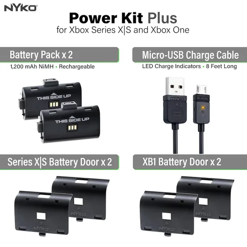 Vista 2 de Nyko Xbox Power Kit Plus for Xbox Series XSOne - Rechargeable Battery Kit with 2 Batteries, Black Covers, 8-Foot Micro-USB Charge Cable - Ultimate