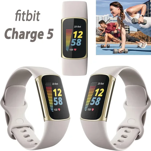 Vista 2 de Fitbit Charge 5 Advanced Fitness & Health Tracker (blanco) con GPS integrado, herramientas de gestión de estrés, paquete con 2 correas de reloj