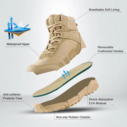 Vista 4 de FREE SOLDIER Botas de senderismo impermeables para hombre, botas de trabajo ligeras, botas tácticas militares, botas de combate duraderas