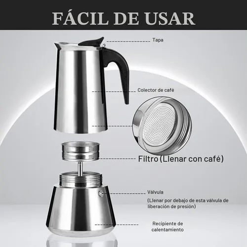 Vista 6 de Estufa de acero inoxidable Moka Pot Espresso Maker Percolator 12 tazas 20.3 fl oz portátil italiano Greca Cafetera cubana para gran familia, hogar