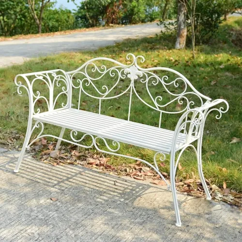 Vista 7 de FQMYLTYN Banco de jardín retro, banco de jardín de metal para exteriores, 2 plazas con respaldo y reposabrazos de diseño curvo, sillas de dos plazas