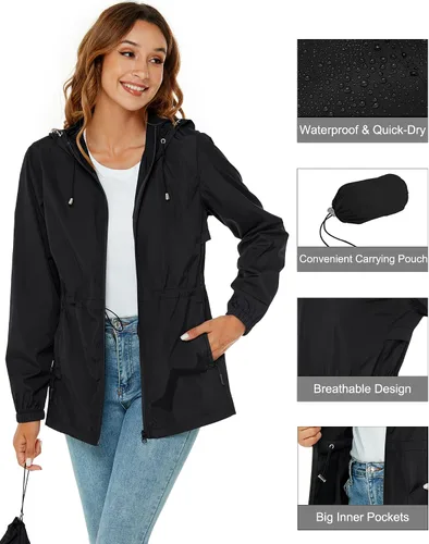 Vista 3 de Avoogue Chaqueta impermeable para mujer, ligera, plegable, con capucha, rompevientos con bolsillo activo