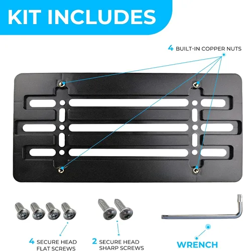 Vista 4 de Soporte de placa frontal compatible con Chevrolet 2000-2025, incluye kit de montaje con 6 tornillos y llave, soporte de placa duradero
