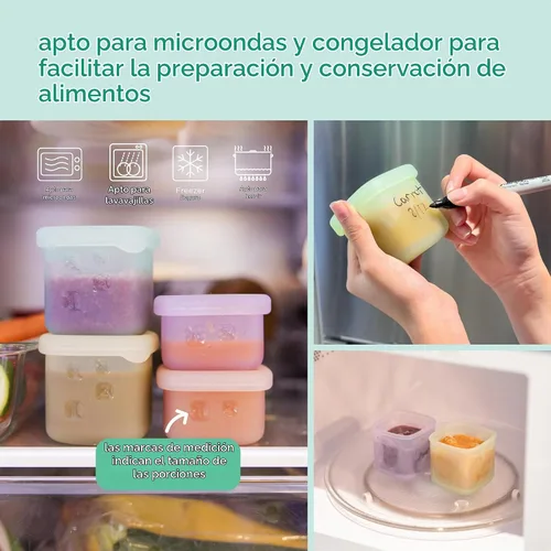 Vista 5 de Olababy Contenedores de Almacenamiento de Silicona Clear Sense 4 piezas para Alimentos de Bebé, Snacks, Fórmula, Puré, Salsa y Más Sin Micro Azul