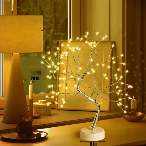 Vista 6 de Hbaushun - Luz de árbol de bonsái de mesa de 20 pulgadas, 108 luces LED de árbol de hadas, lámpara de árbol artificial, funciona con batería o USB