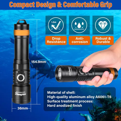 Vista 4 de ORCATORCH D710 Luz de Buceo, Linterna Subacuática Super Brillante de 3000 Lúmenes con Haz Estrecho de 6 Grados, Antorcha de Buceo Nocturna Negro