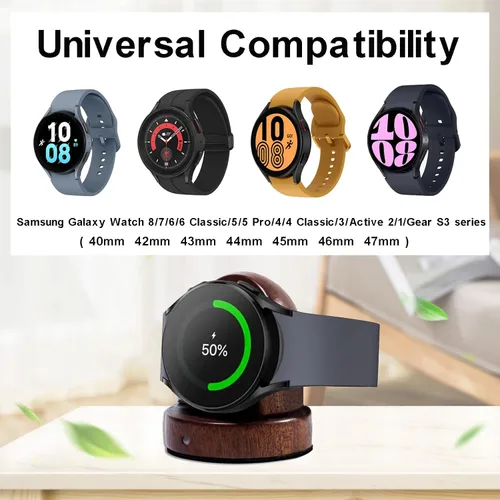 Vista 2 de Cargador de reloj de madera compatible con Samsung Galaxy Watch 8/7/6/6 Classic/5/5 Pro/4/4 Classic/3/Active 2, cargador de reloj inteligente