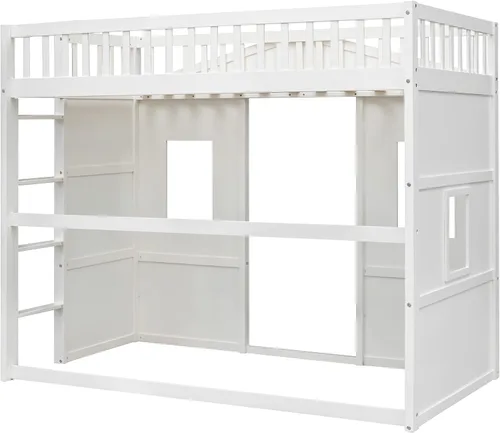 Vista 8 de Base de cama individual tipo loft para niños, cama tipo loft de madera con ventanas y barandilla, cama de casa de juegos, cama tipo loft